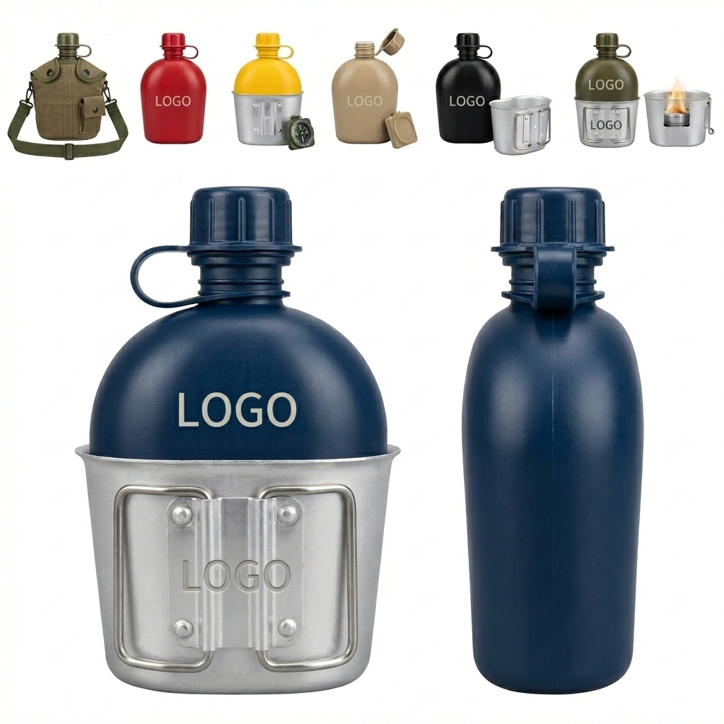 1L Tactical Military Water Bottle with Handle and Aluminum Cooking Cup
